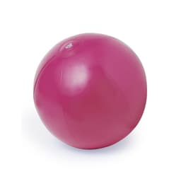 A pink beach ball with a smooth surface and a round shape, featuring a logo on it.
