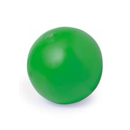 A bright green inflatable ball with a smooth surface, featuring a logo on its exterior.