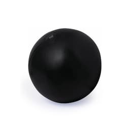 A black sports ball with a smooth texture, featuring a valve and a logo on its surface.