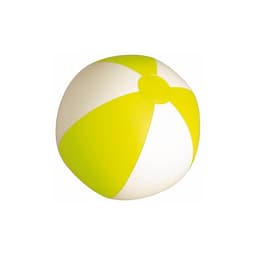 A beach ball featuring yellow and white panels, designed for leisure and outdoor activities. It has a logo on it.
