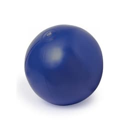A blue inflatable ball with a shiny surface and a small valve on top, featuring a logo.