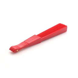 A red hand fan with a pleated design and a curved handle, ideal for leisure activities.