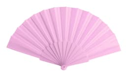 A pink handheld fan with a pleated design and a round handle, featuring a logo.
