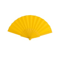 A yellow handheld fan with a classic design featuring a pleated pattern and a central handle.