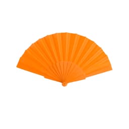 An orange handheld fan with a folded design, featuring a central pivot point and a smooth surface.