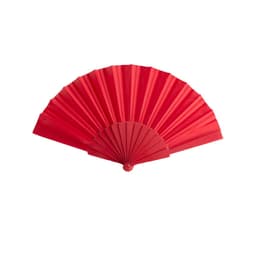 A red handheld fan with a pleated design and a circular handle. The fan features a simple branding logo.