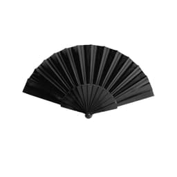 A handheld fan with a sleek black design, featuring a pleated structure and a circular base.