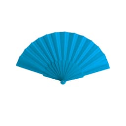 A turquoise handheld fan with a pleated design and a central knob for opening and closing.