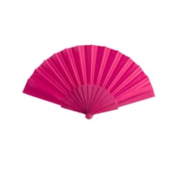 A pink handheld fan with a pleated design and a circular base, featuring a logo on the handle.