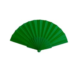 A green handheld fan with a folded design, featuring multiple pleats and a rounded handle.