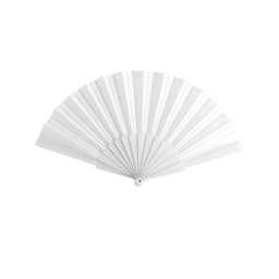 A white handheld fan with a scalloped design and a circular base. It has a logo on the handle.