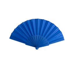 A blue handheld fan with a folding design and a circular handle, featuring a logo.