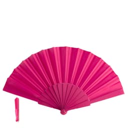 A pink handheld fan with a foldable design and a small matching accessory beside it.