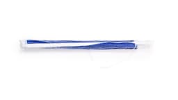 A blue and white beach umbrella, packaged and ready for use, featuring a simple design and a branding logo.