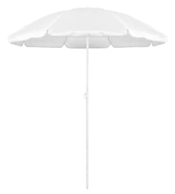 A white beach umbrella with a sturdy pole and multiple segments for shade. It features a logo on the fabric.