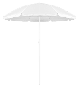 A white beach umbrella with a central pole, featuring a slightly scalloped edge and adjustable height.