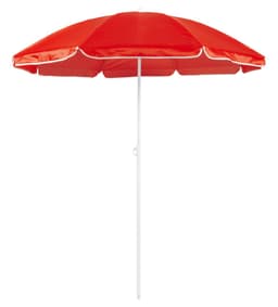 A red beach umbrella with a white pole and trim, designed for leisure and outdoor use.