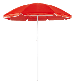 A red beach umbrella with a white pole and trim, featuring an umbrella-like structure for outdoor use.