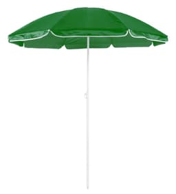 A green beach umbrella features a sturdy white pole and a classic design, ideal for outdoor leisure activities.