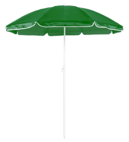 A green beach umbrella with a white pole and trim, designed for leisure and outdoor use.