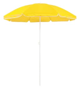 A yellow beach umbrella with a white trim and a white pole, ideal for sun protection.