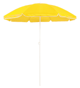 A yellow beach umbrella with a white pole and trim, suitable for outdoor leisure activities.