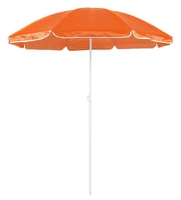 An orange beach umbrella with a white pole and trim, designed for leisure and outdoor use.