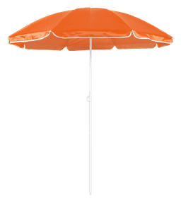 An orange beach umbrella with a white pole and trim, featuring a logo on the fabric.