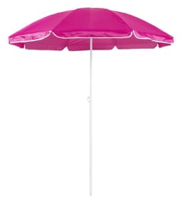 A pink beach umbrella with a white pole, featuring a simple design for outdoor leisure.