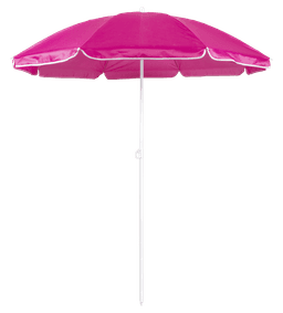 A pink beach umbrella with a white pole, featuring a classic striped design. It includes a logo on the fabric.