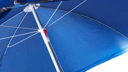 A blue beach umbrella featuring a sturdy frame and a central support pole, with visible ribs and a handle.