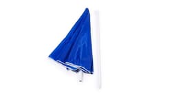 A blue beach umbrella with white trim, displayed partially folded, next to a white pole.