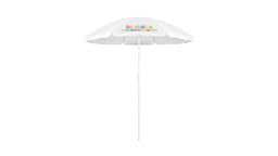 A white beach umbrella with a central pointed pole and a logo at the top. Ideal for outdoor leisure.
