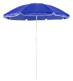 A blue beach umbrella with a white pole, designed for outdoor leisure activities. It features a classic canopy style.
