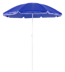 A blue beach umbrella with a white pole and trim, featuring a simple design and a sturdy structure.