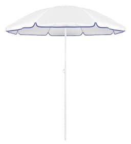 A white beach umbrella with blue trim and a central pole, ideal for outdoor leisure.