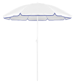 A white beach umbrella with blue trim, featuring a central pole and scalloped edges. It has a logo on the fabric.