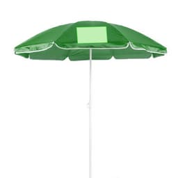 A green beach umbrella with a white trim and a logo, featuring a thick central pole for support.