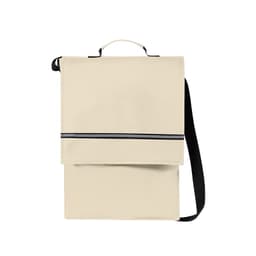 A beige bag with a black stripe, featuring a handle and a detachable shoulder strap. It has a logo.