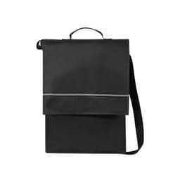 A black messenger bag with a flap and a shoulder strap, featuring a logo on the front.