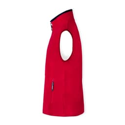 A red polar fleece vest with a high collar and an armhole, featuring a zip pocket and a logo.