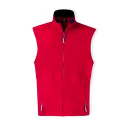 A red polar fleece vest featuring a high collar and zippered pockets. It includes a logo on the front.