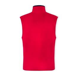 A red polar fleece vest featuring a high collar and no sleeves, with a branding logo on the back.