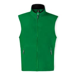 A green polar fleece jacket with a zip front and two side pockets. It features a high collar and has a logo.
