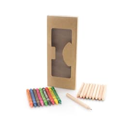 A coloured pencil set in a cardboard box, featuring various vibrant colours and a wooden pencil.