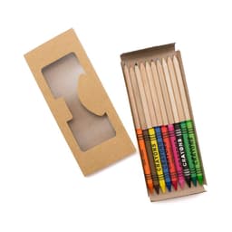 A gift set of coloured pencils in a kraft box, featuring shades of red, orange, yellow, green, blue, and purple.