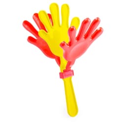 A novelty toy featuring red and yellow hand-shaped clappers attached to a handle.