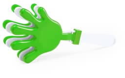 A green hand-shaped novelty item with white accents, designed for fun and play. It features a brand logo.