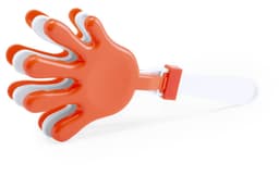 An orange novelty hand clapper with white accents, featuring a logo on the handle.