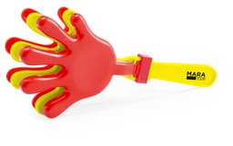A novelty hand-shaped item in red and yellow with a yellow handle, featuring a logo.